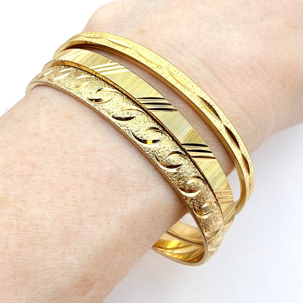 Lot of 3 VTG MONET Etched Bangles Triple Gold Electroplated Bracelet Stacking